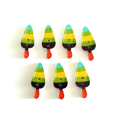 7 boutons fantaisie en bois - glace noir vert jaune bleu - 12x30mm - f7