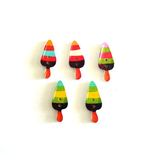 5 boutons fantaisie en bois - glace multicolore - 12x30mm - f7
