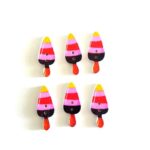 6 boutons fantaisie en bois - glace noir rose rouge jaune - 12x30mm - f7