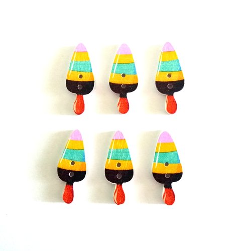 6 boutons fantaisie en bois - glace noir jaune bleu rose - 12x30mm - f7