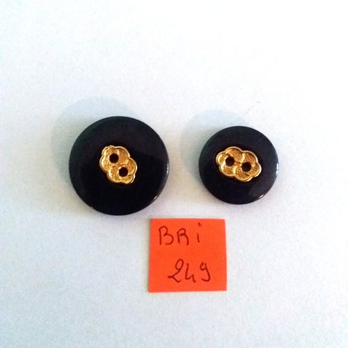 2 boutons en résine bleu foncé et doré - ancien - 23mm et 18mm - bri249