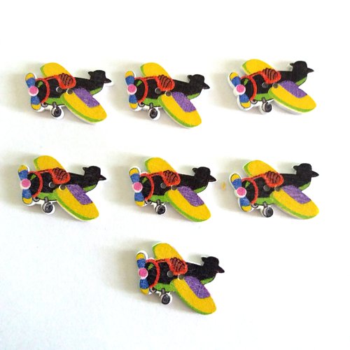 7 boutons fantaisies en bois - un avion avec les ailes jaune et violet - 25x28mm - f7