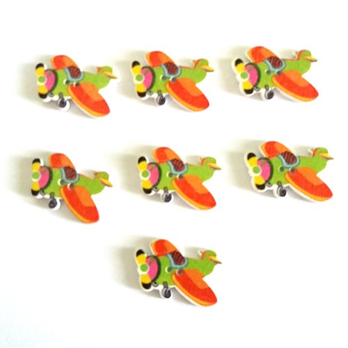 7 boutons fantaisies en bois - un avion avec les ailes rouge et orange - 25x28mm - f7