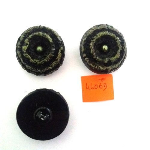 3 boutons en résine vert et noir - vintage - 34mm - 4406d