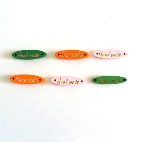 6 boutons fantaisie en bois rose vert orange et doré (hand made) - 8x28mm - f1