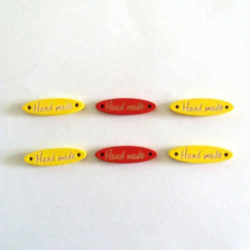 6 boutons fantaisie en bois jaune rouge et doré (hand made) - 8x28mm - f1