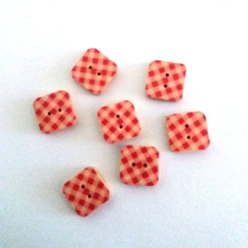 7 boutons fantaisie en bois à damier rouge et écru - 15x15mm - f5