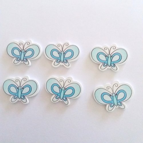 6 boutons fantaisie en bois - papillon bleu et blanc - 25x32mm - f5