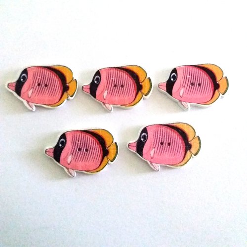 5 boutons fantaisie en bois - poisson jaune noir et rose - 28x31mm - f3