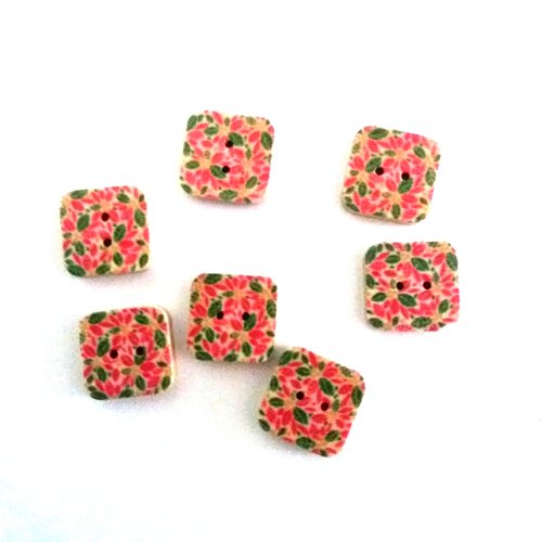 6 boutons fantaisie en bois - fleur multicolore - 15x15mm - f5
