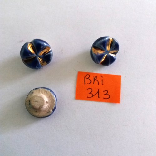3 boutons en céramique bleu et doré  - ancien - 13mm - bri313