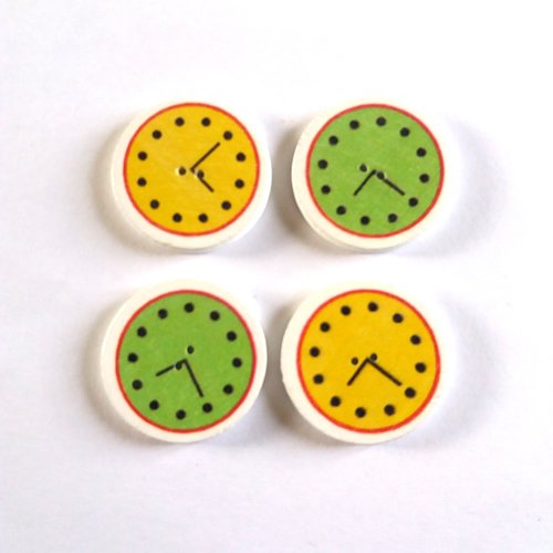 4 boutons fantaisies en bois une pendule jaune et vert - 30mm - f6