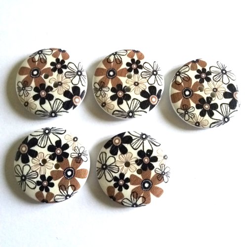 6 boutons fantaisies en bois - fleur marron blanc et noir - 30mm - 12