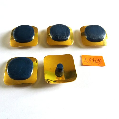 5 boutons en métal doré et résine bleu foncé - vintage - 27x27mm - 4270d