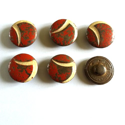 6 boutons en métal rouge et écru - ancien - 22mm - 701mp