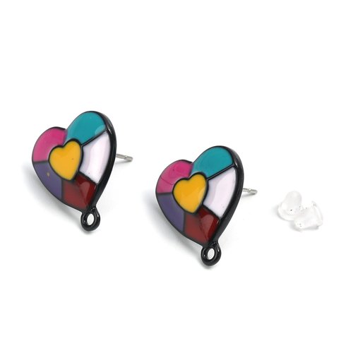 1 paire clous d'oreilles en formes de coeur multicolores - boucles d'oreilles 