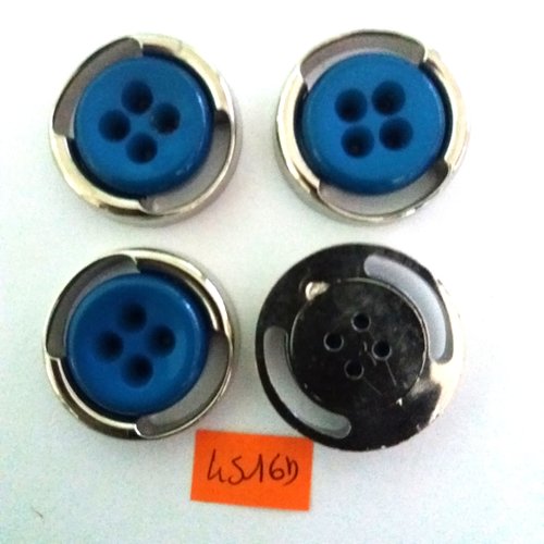 4 boutons en résine argenté et bleu canard - vintage - 31mm - 4516d
