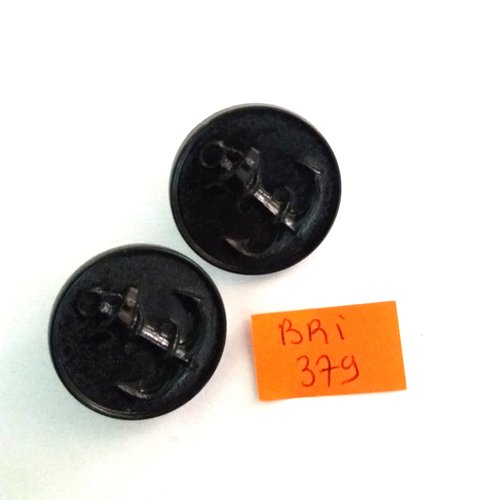 2 boutons en résine noir (une ancre) - ancien - 26mm - bri379