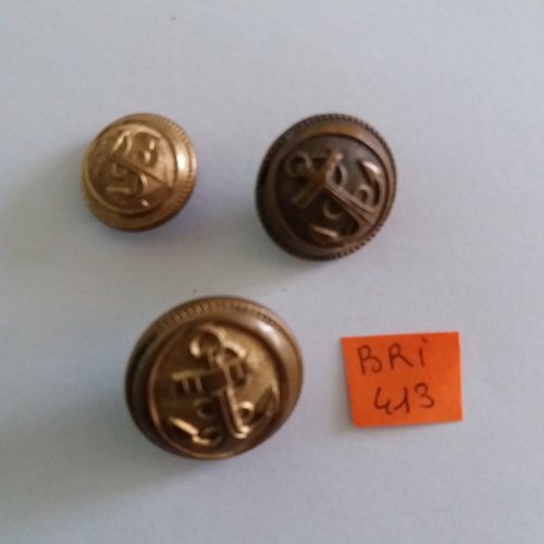 3 boutons en métal doré/bronze (une ancre) - ancien - entre 18 et 25mm - bri413