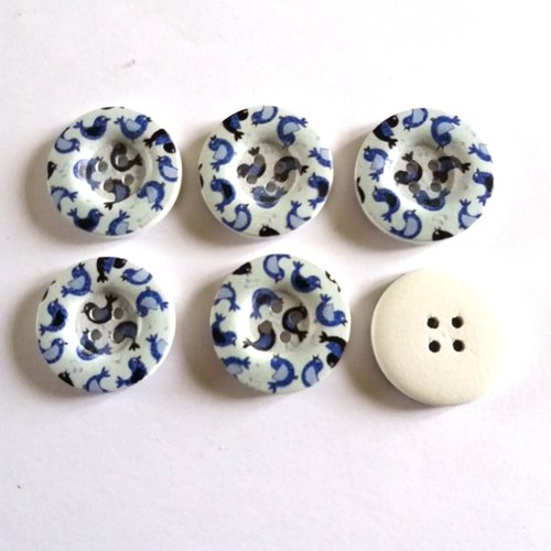 6 boutons fantaisies en bois fond bleu avec des oiseaux - 25mm - 17