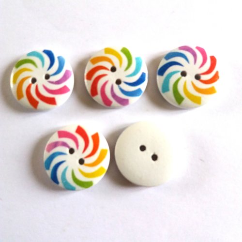 5 boutons fantaisies en bois fond blanc et multicolore - 25mm - 17