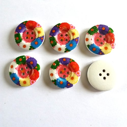 6 boutons fantaisies en bois fleur multicolore - 25mm - 17