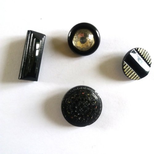 4 boutons en verre blanc et noir - ancien - 18mm , 23mm , 28mm - 762mp