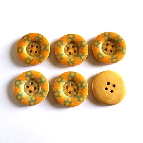 6 boutons fantaisies en bois fond orange et bleu - 25mm - 17