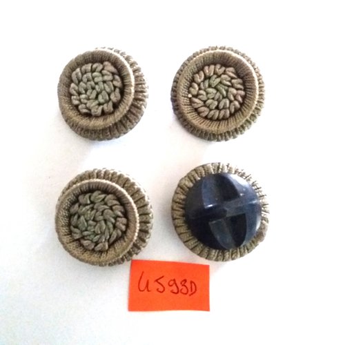 4 boutons en résine bleu foncé et passementerie gris - vintage - 25mm - 4593d