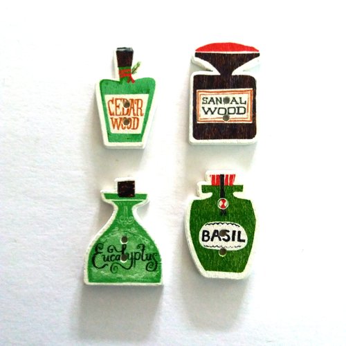 4 boutons fantaisies en bois bouteille vert et marron - taille et modèle différent - f6