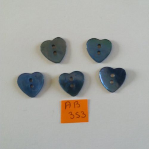 5 boutons en nacre bleu - coeur - 17mm - ab353