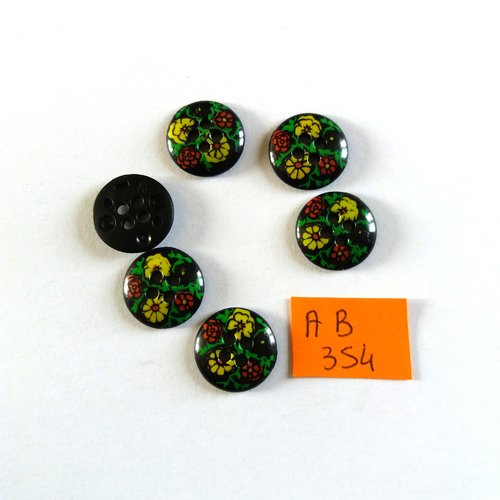 6 boutons en résine noir et multicolore - fleur - 15mm - ab354