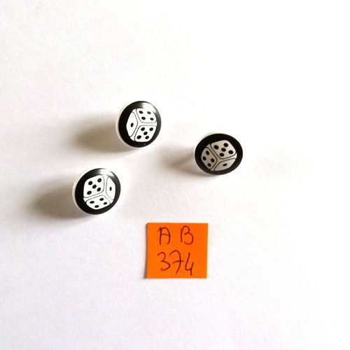 3 boutons en résine noir et blanc - un dé - 13mm - ab374