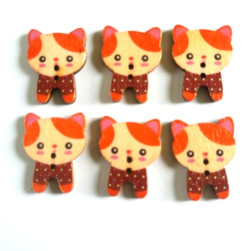 6 boutons fantaisie en bois chat orange - 23x30mm - f1