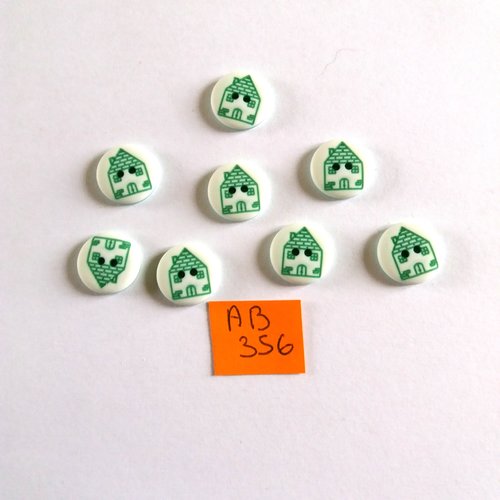 8 boutons en résine blanc et vert - maison - 13mm - ab356
