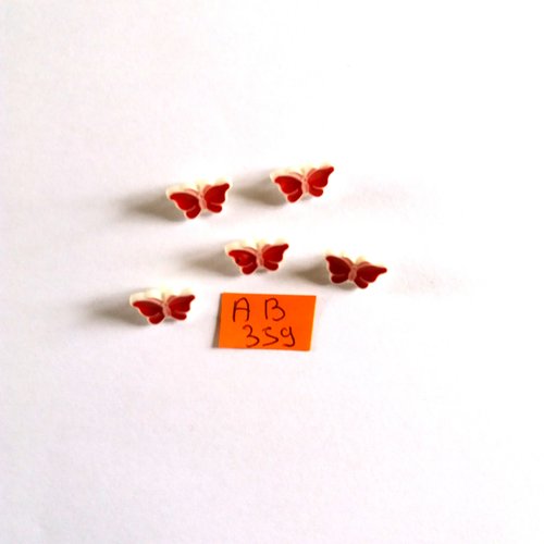 5 boutons en résine blanc et rouge - papillon - 14x8mm - ab359