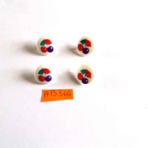 4 boutons en résine fond blanc avec cerise bleu rouge vert - 15mm - ab366