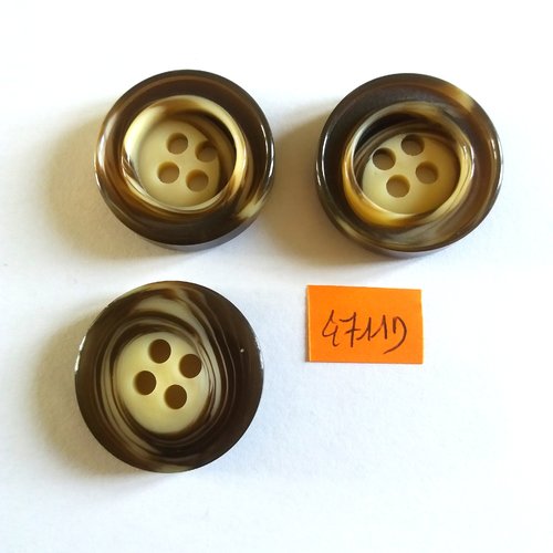 3 boutons en résine marron et beige - vintage - 31mm - 4711d