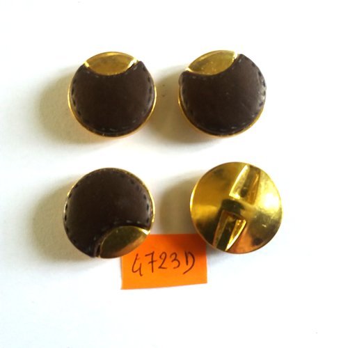 4 boutons en cuir marron et métal doré - vintage - 23mm - 4723d