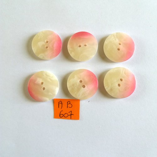 6 boutons en résine blanc et rose - 23mm - ab607