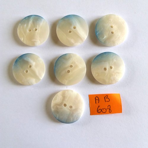 7 boutons en résine blanc et bleu - 23mm - ab608