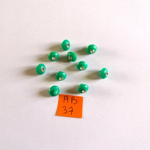 10 boutons en résine vert et strass - 8mm - ab37