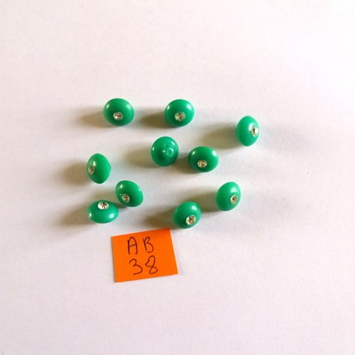 10 boutons en résine vert et strass - 10mm - ab38