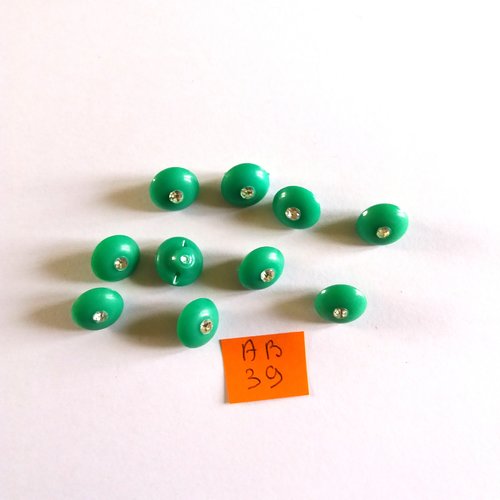 10 boutons en résine vert et strass - 12mm - ab39