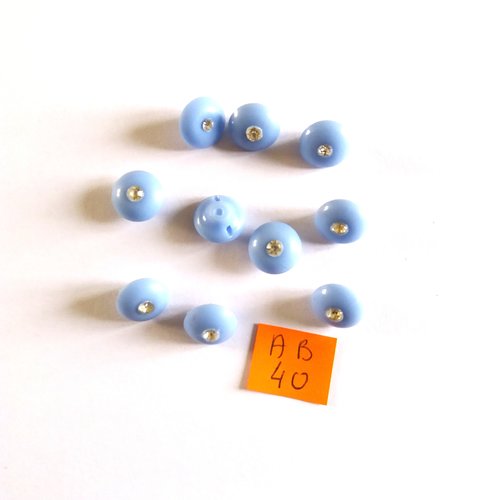 10 boutons en résine bleu clair et strass - 12mm - ab40