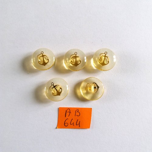 5 boutons en résine jaune  - ancre doré  - 15mm - ab644