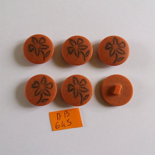 6 boutons en résine marron  - fleur noir  - 22mm - ab645