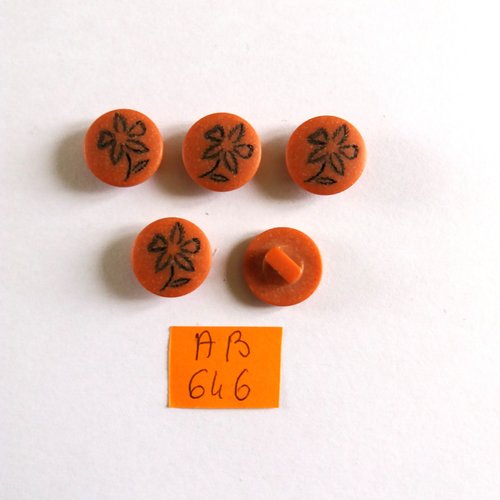 5 boutons en résine marron  - fleur noir  - 15mm - ab646