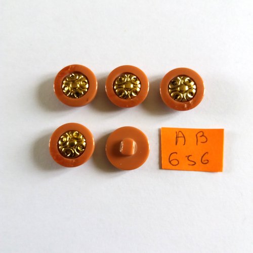 5 boutons en résine marron et doré - 15mm - ab656