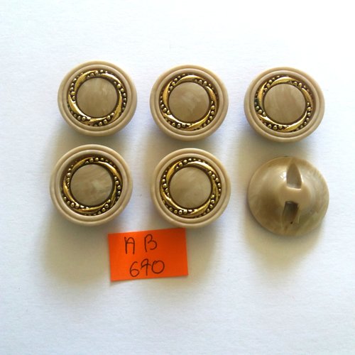 6 boutons en résine beige et doré - 23mm - ab670